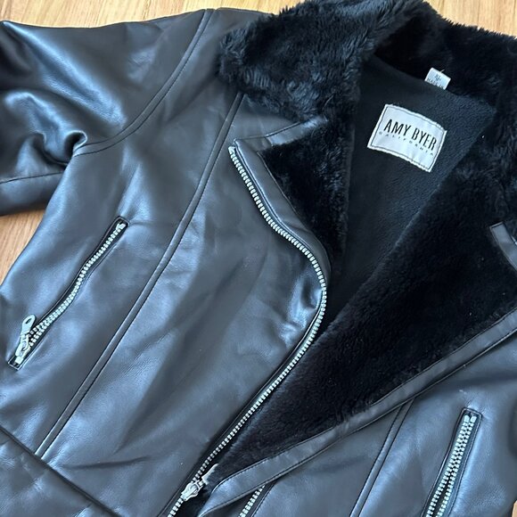 Black Aviator Leather Fur Trim Coat - Picture 3 of 7